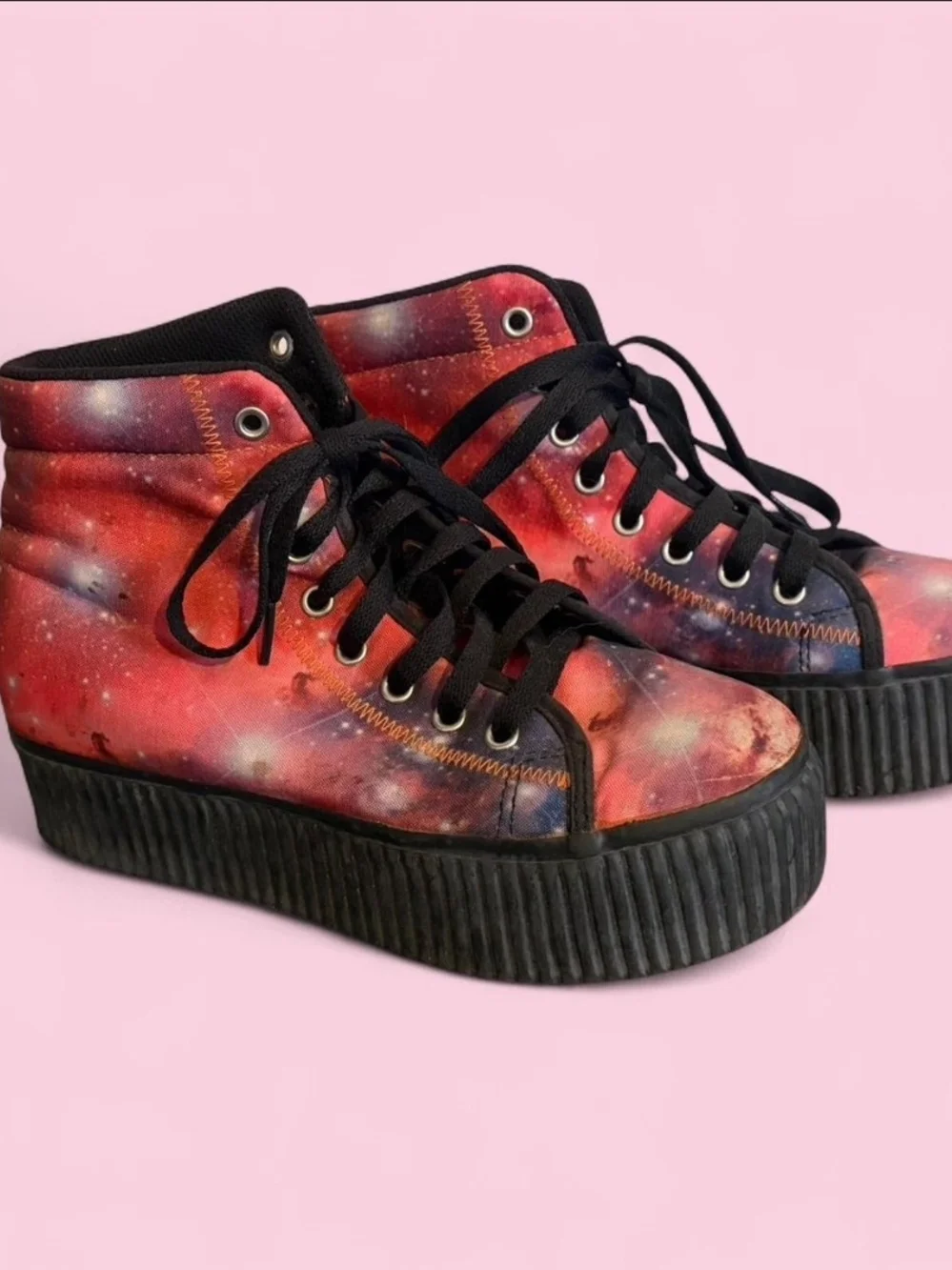 Galaxy Print Platform High-Top Sneakers in Red